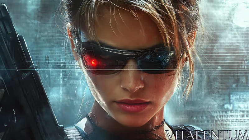 Cyborg operative with firearm and visor in urban setting.