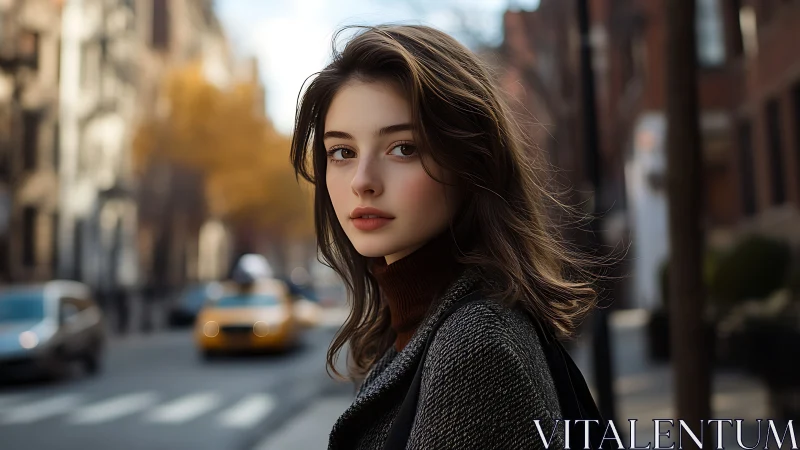 Photorealistic urban portrait with shallow depth of field.