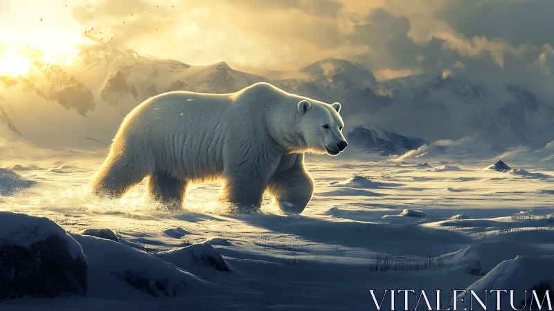 Polar bear strides through sunlit arctic snowfield at dawn.