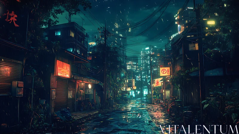 Neon rain braids silence into a forgotten cyberpunk alley