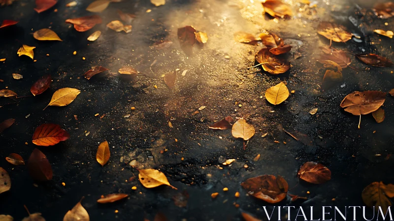 Golden autumn leaves drift across a dark rainlit street.