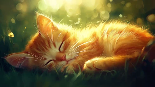 Golden Feline Resting in Sunlit Meadow with Bokeh Background.
