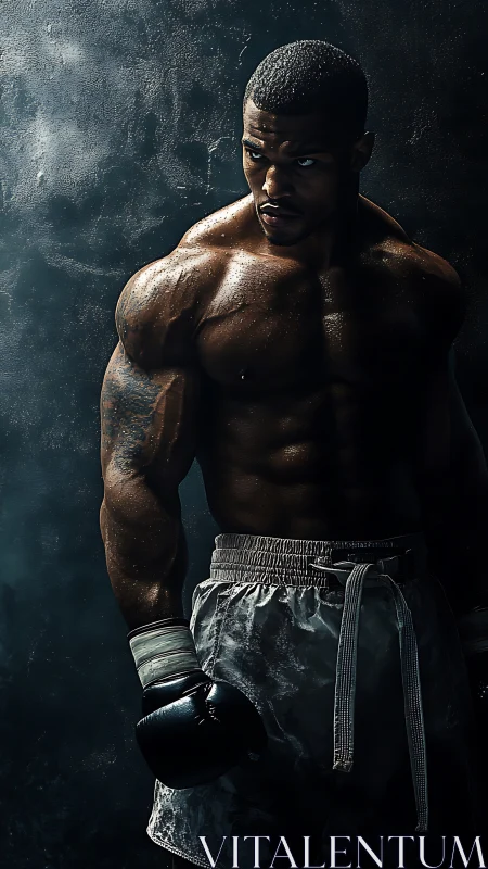 Muscular Athlete In Boxing Stance Against Textured Dark Background