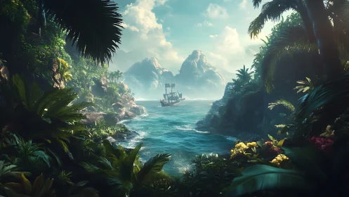 Tropical Paradise Lagoon with Sailing Ship