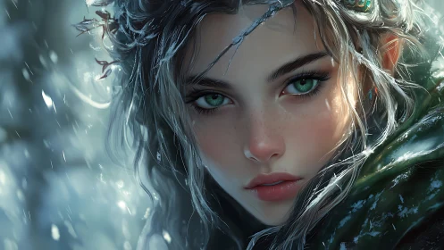 Frost crowned forest girl with emerald storm eyes gazing.