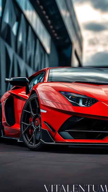 Crimson supercar poised for a confident cityside sprint.