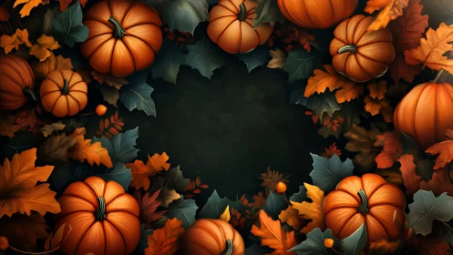 Pumpkin wreath frames deep green autumn background space.