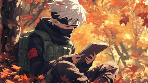 Masked young reader in forest with autumn foliage background.