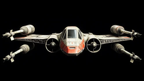 Sleek starfighter glides forward against a deep black void