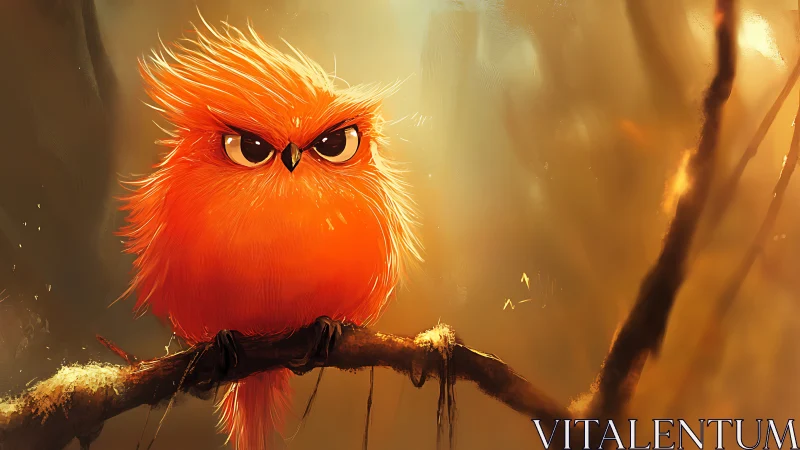 Fluffy Orange Cartoon Owl Perched on Branch in Warm Digital Art.