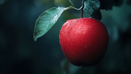 Red apple hangs from branch under cool moody lighting