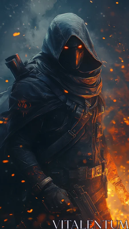 Hooded armored figure with glowing eyes amid drifting embers.