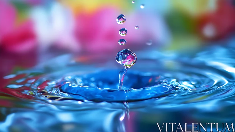 Droplets juggle tiny rainbows above a dreaming blue pool