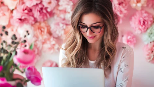 Woman with laptop against pink floral studio backdrop.
