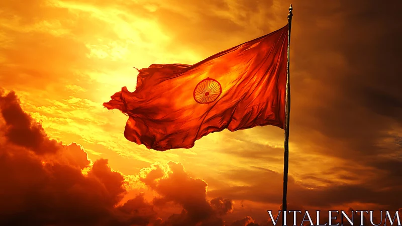 Golden sky glows behind a proud flag in warm evening light