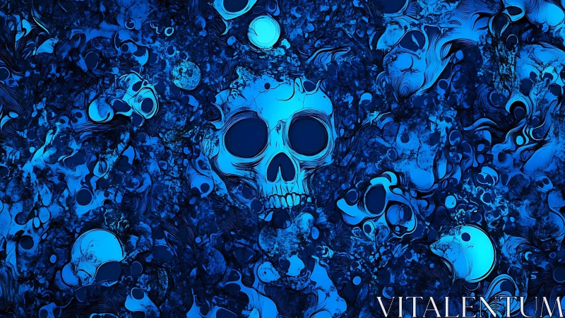 Midnight tide of neon skulls swirling in electric blue gloom.