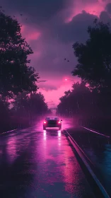 Neon rain road where lone car slips through violet dusk.