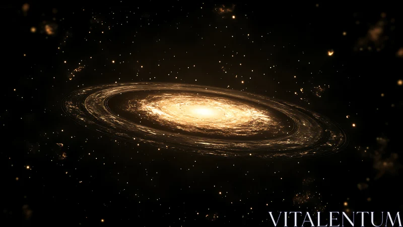 Spiral galaxy disk rendered with luminous core and dense dust lanes