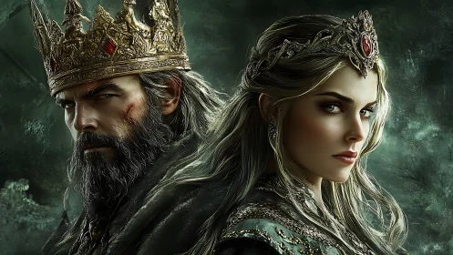 Regal warrior king and queen in dark fantasy portrait.