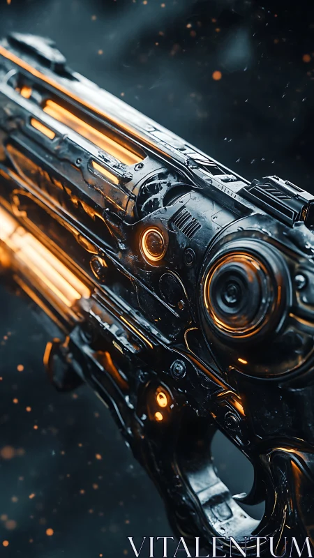 Molten circuits coil through a sleek sci‑fi plasma cannon