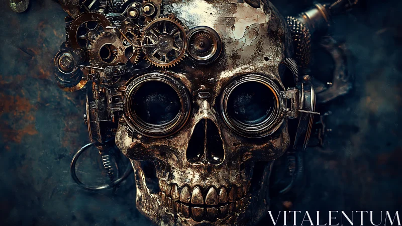 Steampunk cybernetic skull with brass cogs and goggles.
