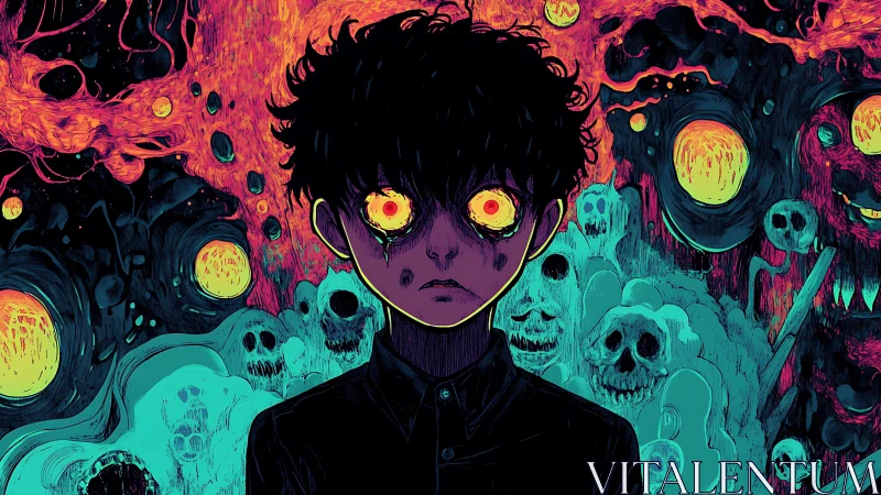 Haunted-eyed boy stands before swirling neon nightmares