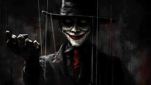 Eerie puppet master in a shadowy, theatrical spotlight.