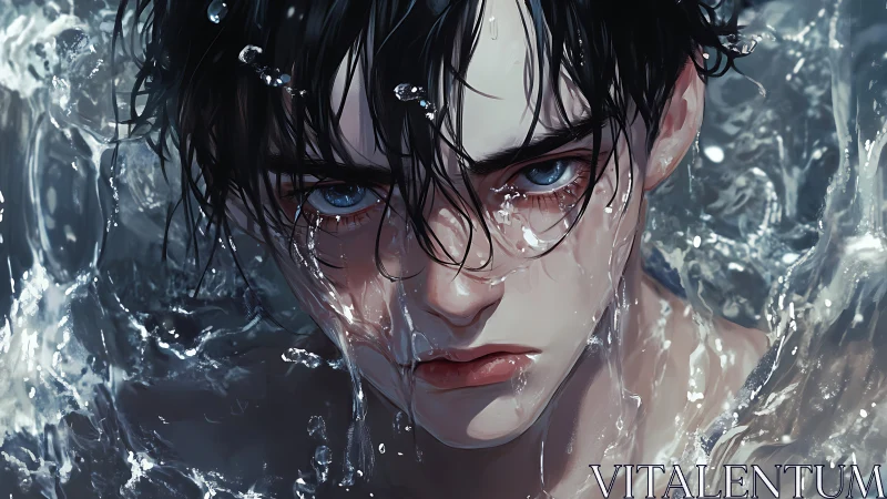 Wet haired young man emerging from surrounding water surface.