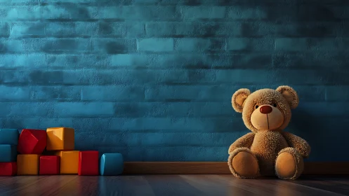 Plush teddy bear sits beside colorful toy blocks on floor