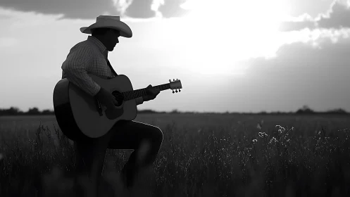 Quiet sunset cowboy playing guitar in an open field.