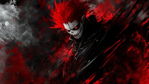 Sinister red-spectral warrior in chaotic digital abstraction.