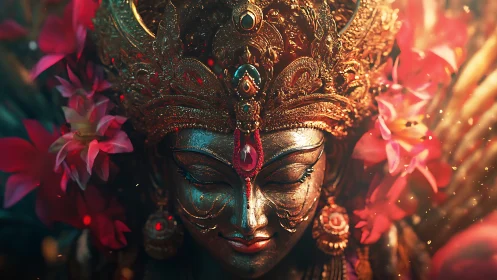 Digital painting of ornate divine goddess bust with floral corona.