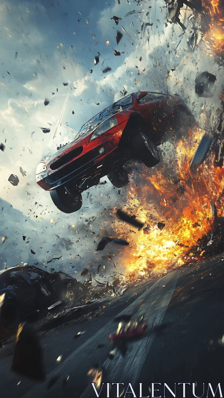 Dynamic 3D car explosion with diagonal motion composition.
