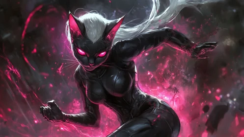 Midnight cyber feline lunges through electric magenta chaos