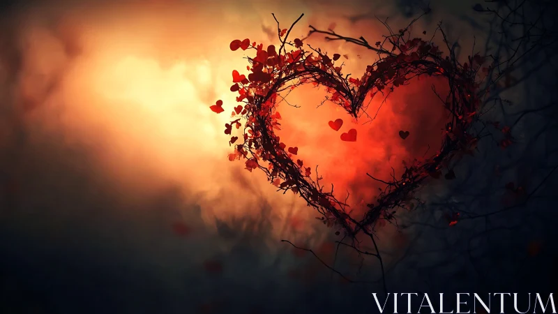 Heart Shape Glowing in Fiery Darkness with Scattered Light