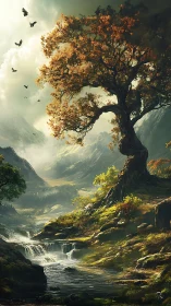 Golden valley tree beside whispering mountain stream.