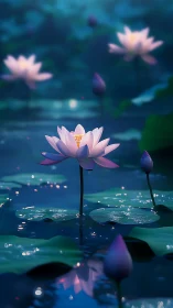 Night pond with illuminated lotus flowers and foliage.