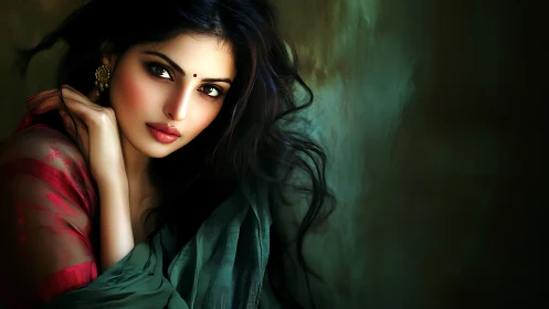 Soft gaze of a woman wrapped in rich, colorful draped fabric