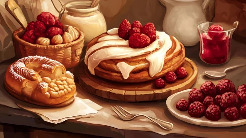 Digital painting still life of pastries with raspberries on wood.