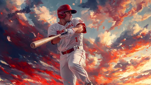 Power hitter swings under fiery impressionist sunset sky.