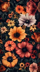 Layered floral arrangement with warm orange and coral blooms on dark foliage.