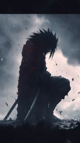 Silhouetted samurai kneels in rain under dark storm clouds