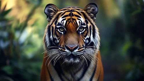 Steady tiger gaze welcomes viewers into a quiet jungle moment