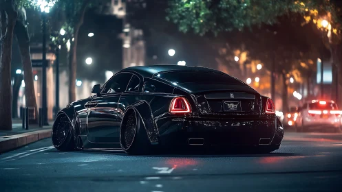 Low stanced luxury coupe parked on city street at night