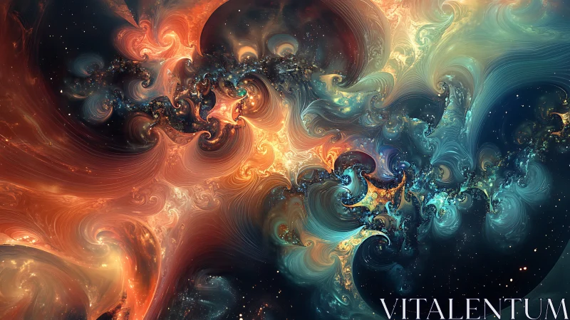 Fractal cosmic nebula with swirling multicolored gas forms.