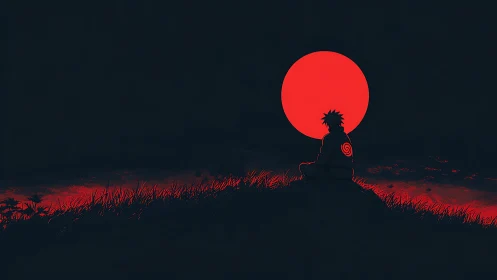 Silhouetted anime figure gazes at bold crimson moonscape.