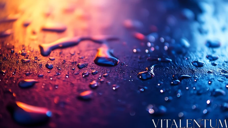 Glistening water droplets glowing in soft neon twilight.