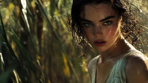 Brooding wet woman in reeds under dramatic sidelight.