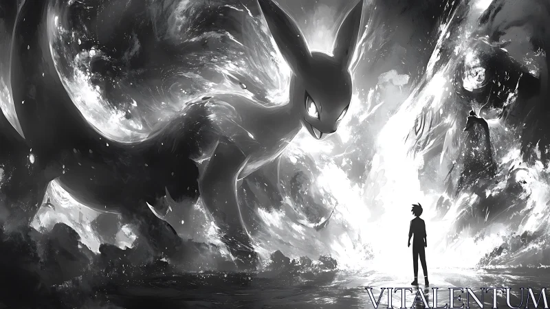 Stormlit guardian creature meets lone dreamer at the brink.