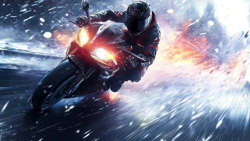 Superbike rider leans into wet track with cinematic fire trail.